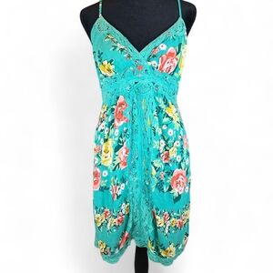 Flying Tomato Floral Boho Lace Trim Dress L Green Pink Yellow Spaghetti Strap
